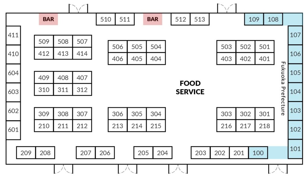 SWTest Asia expo floorplan showing booth layout along the edges and clusters in the middle with food service in the middle and two bars on the back wall.